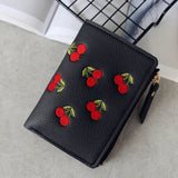 Fashion Women Shor Walle Small PU Leather Cherry Embroidery Coin Purse Card Holders Lady Girl Mini Money Bag
