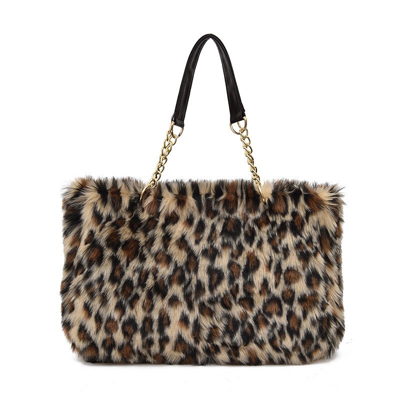 Faux Fur Handbag For Women 2018 Winter Shoulder Bags Large Capacity Tote Bags Fashion Retro Leopard Handbags Chain Hand Bag