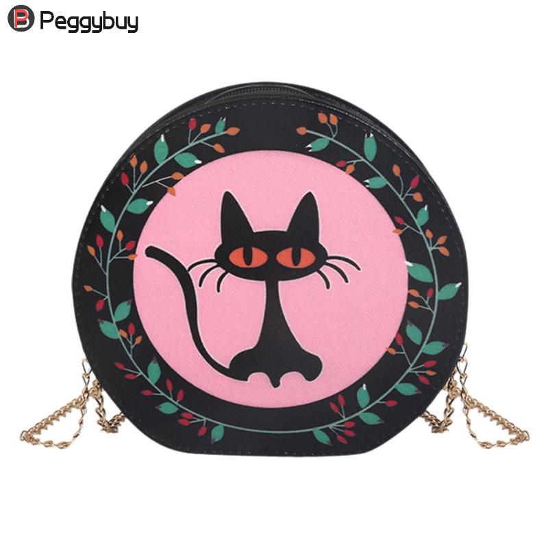Female Cartoon Printed Shoulder Bag Fashion Round Zipper Shoulder Bags Girl Casual Holiday PU Leather Shopping Messenger Bag New