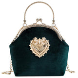 Female Velve Pearl Handbag Vintage Hear Design Evening Bag Wedding Party Bride Clutch Bag Purse