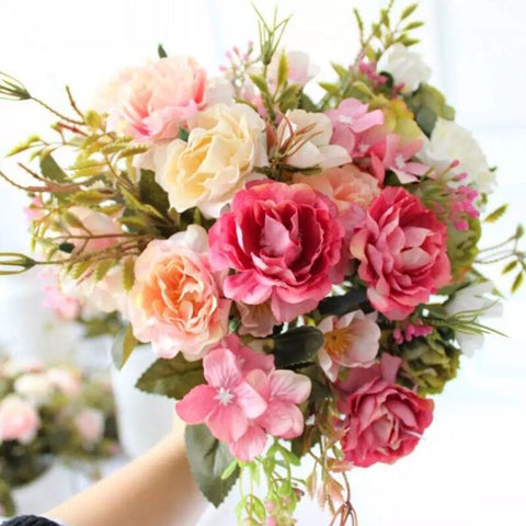 Flores artificiales seda roja peonía rosas jarrones para decoración del hogar novia accesorios de boda, buqué Craft DIY regalos Rosa plantas falsas