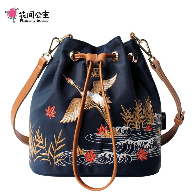 Nylon Embroidery Crane String Bucke Bag Shoulder Bag Women Crossbody Bags Handbag Teenage Girls Ladies Hand Bag