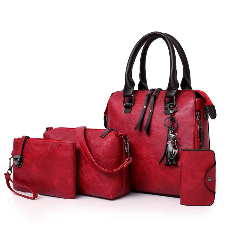 Four sets wax oil pu leather bag ladies handbags women handbag designer handbag tasse lhigh quality woman bag famous sac a main
