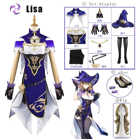 Game Genshin Impact Lisa Minz Cosplay Costume Anime Halloween Party Fancy Dress Women Sexy Outfit Wig Shoes Horns Props Suit