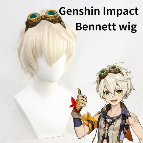 Genshin Impact Cosplay Bennett Short 30cm Wig Grey Gold Wig Cosplay Anime Cosplay Wigs Heat Resistant Synthetic Wigs Halloween