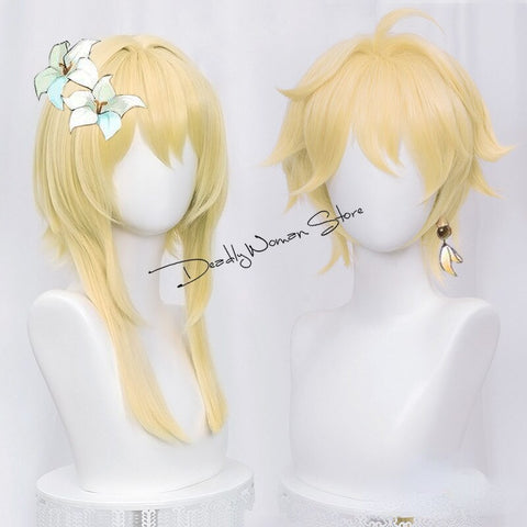 Genshin Impact Traveler Cosplay Aether Lumine Blond Wig Cosplay Anime Wigs Heat Resistant Synthetic Wigs Halloween for Girls