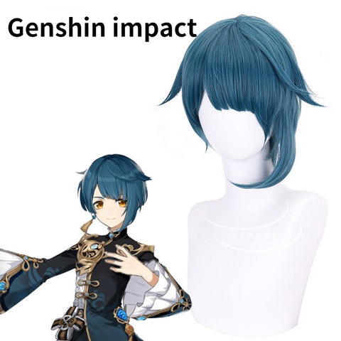 Genshin Impact Xingqiu Cosplay 30cm Wig Short Grey Blue Wig Cosplay Anime Cosplay Wigs Heat Resistant Synthetic Wigs Halloween
