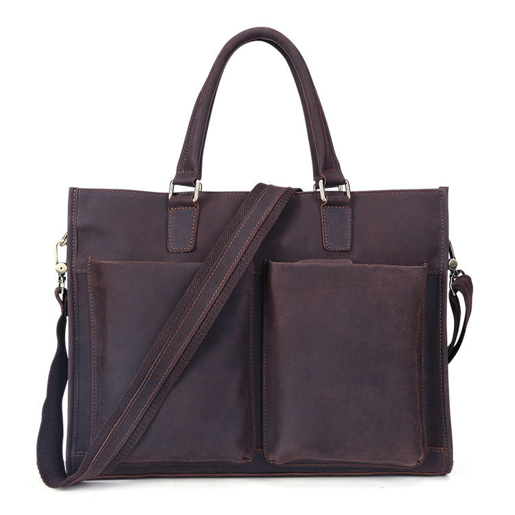 Genuine Leather Man Fashion Briefcase Crazy Horse Leather Vintage Shoulder Bag Travel Handbag Luxury Brand Laptop Bag 9096