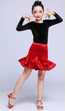 Girls Mermaid Latin Dance Skirt Ballroom Salsa Tango Skirts Kid Child Velvet Split Latin Dance Dress With Leotard And Skirt