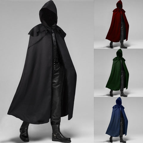 Gothic Medieval Men Cloak Coats Hooded Solid Loose Windproof Men's Trench Costume Cosplay Coat Men Chic Winter Long Cape Poncho
