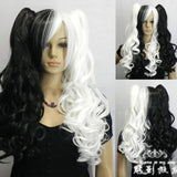 Danganronpa Monokuma Women Long Ponytails Curly Wig Cosplay Costume White Black Mixed Heat Resistant Hair Cosplay Wig + Wig Cap