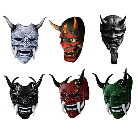 Halloween Red Prajna Hell Ghost Mask Cosplay Japanese Oni Samurai Mask Cow Devil Red Face Grimace Horn Mask Cosplay Costume Prop
