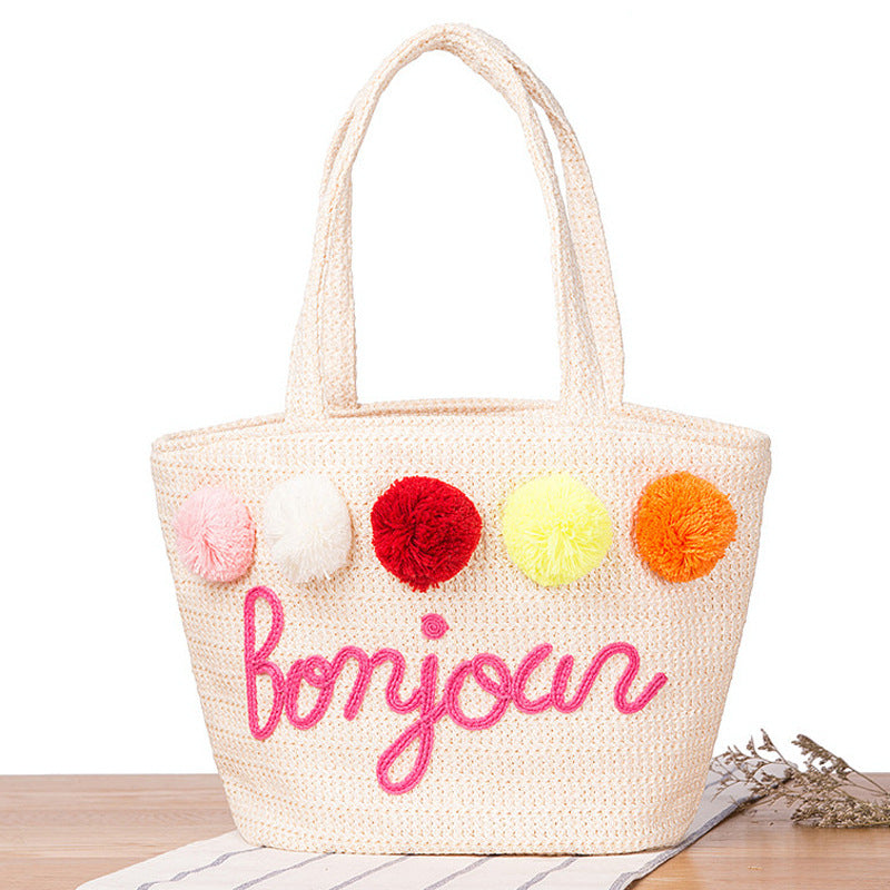 Handbags for Women Summer Straw Pom Ball Letter Design Beach Bag Boho lady Shoulder Bags Baske Party Marke Shopping Tote W443