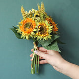 Handmade sunflower bunch with green leaves and grass silk artificial flowers for wedding bridal hand holding flowers