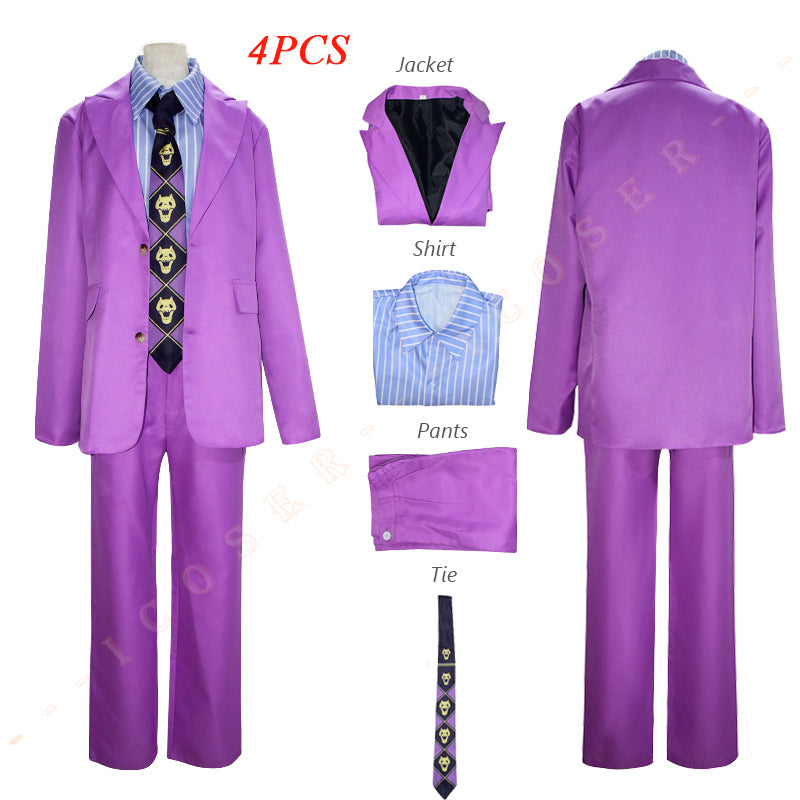 JoJo's Bizarre Adventure Yoshikage Kira Cosplay Costume Anime Diamond Is Unbreakable Purple Suit Wig Golden Wavy Hair Men Set