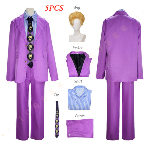 JoJo's Bizarre Adventure Yoshikage Kira Cosplay Costume Anime Diamond Is Unbreakable Purple Suit Wig Golden Wavy Hair Men Set