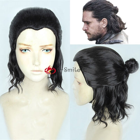 Jon Snow Cosplay Wigs Short Black Brown Curly With Buns Styled Heat Resistant Synthetic Hair Wig + Free Wig Cap