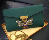Leather envelope bag Pearl decoration mini bag Lychee pattern shoulder bag Unique bee metal handbag