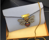 Leather envelope bag Pearl decoration mini bag Lychee pattern shoulder bag Unique bee metal handbag
