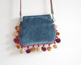 Handmade Women Winter Velve Cute Small Pom Pom Shoulder Bag Vintage Retro Fabric Blue Cellphone Crossbody Bag Gift