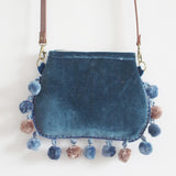 Handmade Women Winter Velve Cute Small Pom Pom Shoulder Bag Vintage Retro Fabric Blue Cellphone Crossbody Bag Gift