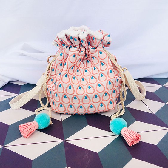 Women Cotton Cute Bucke Shoulder Bag Handmade Casual Summer Macaroon Candy Color Pom Pom Small Fabric Crossboby Bag