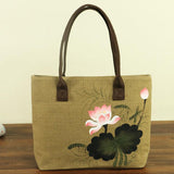 Lotus Hand Painted Female Single Shopping Bags Large Capacity Chinese Style Women Beach Bags Casual Tote Feminina