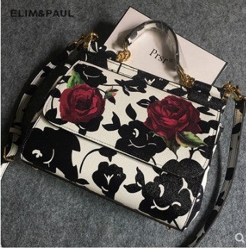 Luxury Brand Genuine Leather Women Bags Sicily Big Black Flower Handbags Rose Printed Shoulder Bags Platinum Tote Bag Sac A Main