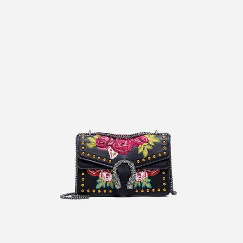 Luxury Fashion Crossbody Bags for Women Spli Leather Rivets Embroidered Flowers Chain Shoulder Bag Female Black Purses Handbags