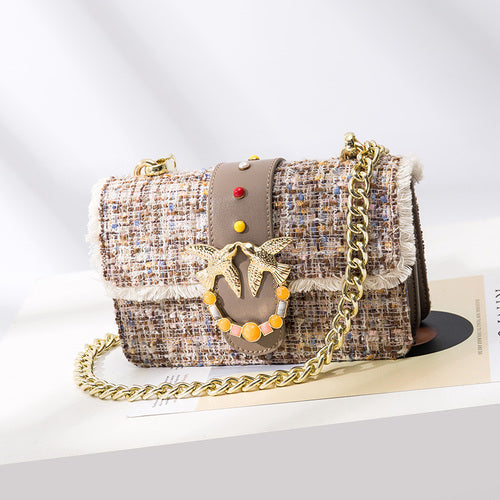 Luxury Women Woolen Handbags Gold Swallow Bag Ornamen Gem Crossbody Bags Famous Designer Chain Rive Shoulder Bag Lady Clutches