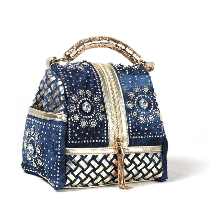 Luxury multi function denim women handbags delicate diamond women messenger bag travel bags tassel designer rhinestone bags