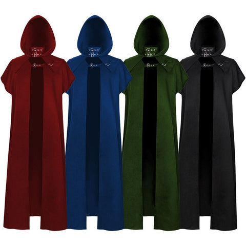 Medieval Cloak Hooded Coat Men Assassin Cosplay Costume Vintage Gothic Buckled Stand Collar Leather Shoulder Knights Cape