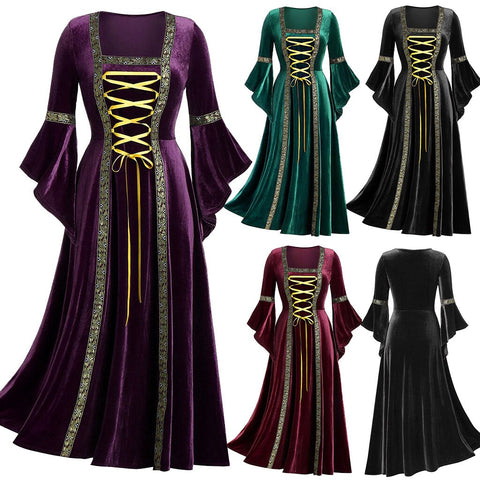 Medieval Renaissance Cosplay Vintage Gothic Bandage Women Dress Flare Sleeve Floor Length Goth Vampire Witch Dresses Plus Size