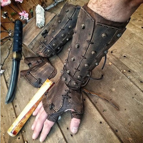 Medieval Steampunk Samurai Leather Bracer Long Glove Gauntlet Viking Pirate Knight Cosplay Accessory Arm Armor Cuff For Men Larp