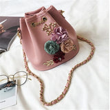 2018 Handmade Flowers Bucke Bags Mini Shoulder Bags With Chain Drawstring Small Cross Body Bags Pearl Bags Leaves Decals