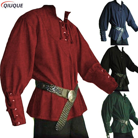 Men Medieval Vintage Pirate Cosplay Costume Lacing Up Shirt Bandage Top Middle Age Renaissance Clothing For Adult S-3XL