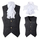 Mens Steampunk Vest Pirate Prince vampire cosplay Tops Gothic Victorian Single Breast Brocade Medieval WaistCoat with Jabot Tie
