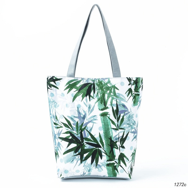 Fresh Style Green Leaves Prin Tote Handbags Women Canvas Beach Bags For Female Floral Design Shopping Shoulder Bag