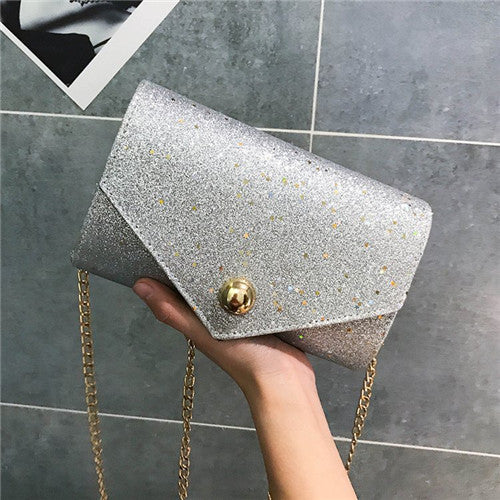PU Leather Messenger Bag With Chain Female Solid Color Shoulder Bag Women Bling Sequines England Style Crossbody Bag
