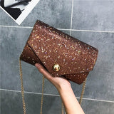 PU Leather Messenger Bag With Chain Female Solid Color Shoulder Bag Women Bling Sequines England Style Crossbody Bag