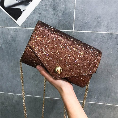 Solid Color Messenger Bag With Chain Female Bling Sequines Shoulder Bag Women PU Leather Korean Style Crossbody Bag