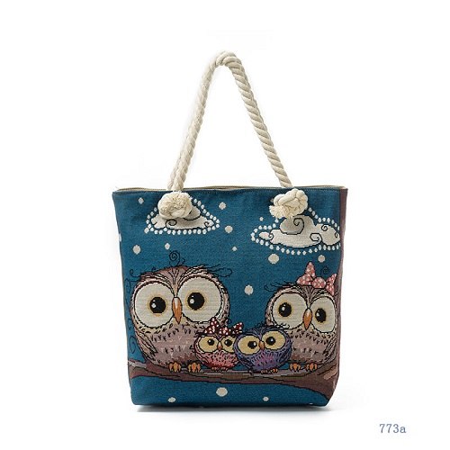 Summer Canvas Beach Bag Female The Owl Family Printed Tote Hangbags Women Casual Lady Shoulder Bag Canvas Tote Women
