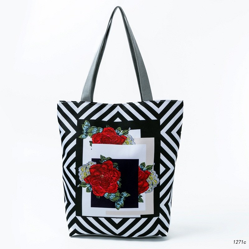 Trendy Flower Design Casual Tote Handbags For Female Birds Striped Printed Beach Bag Women Portable Shopping Bags