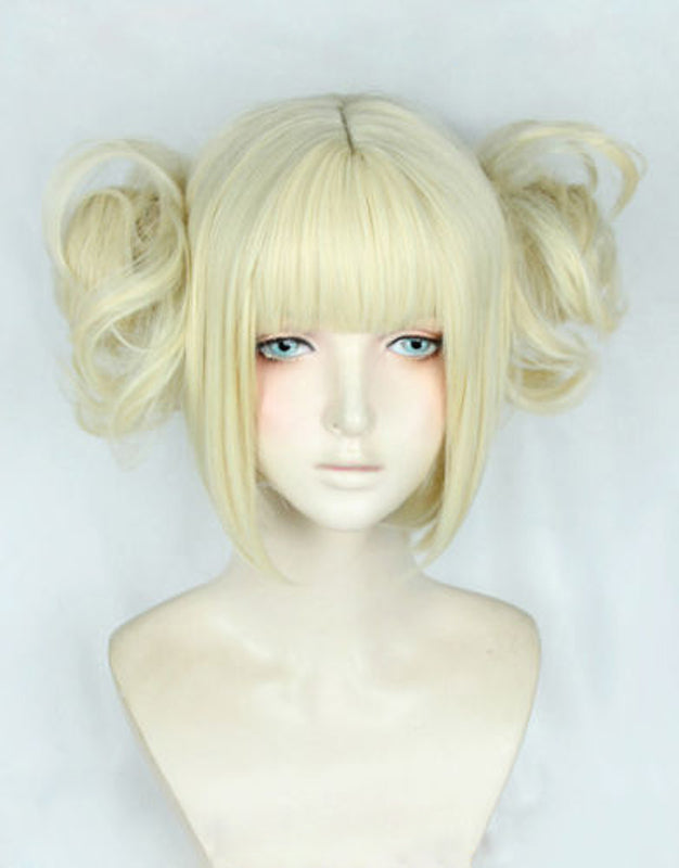 My Boku no Hero Academia Akademia Himiko Toga Wigs Short Light Blonde Clip Buns Heat Resistant Cosplay Costume Wig + Wig Cap