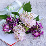 Hydrangea flower short branch with bud fruit and fake leaves silk artificial flowers for home wedding decorations flores