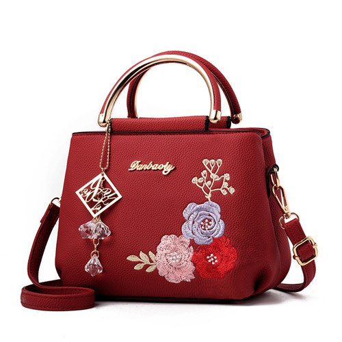 Fashion Embroidery Flower Handbags Women Top-Handle Shoulder Bags PU Leather Female Casual Totes Ladies Travel Bag