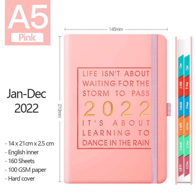2022 Planner notebook A5 PU Leather soft cover Jan-Dec English language Notebook  School agenda planner BUJO School supplies
