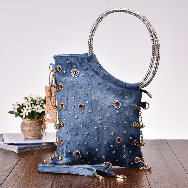 New Vintage Fashion Denim Beads Rhinestone Jeans Women Lady's Shoulder HandBags Evening Bags Tote For Female b feminina