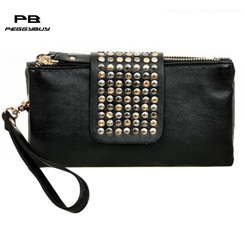 PU Leather Waterproof Women Handbag Fashion Rive Stud Long Day Clutch Bag for Lady Black Female Party Evening Tote Purse Pouch
