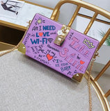 Personality Doodle Letter Cartoon Pattern Fashion ladies clutch bag Pu Leather chain purse For Women Mini Messenger Bag Pouch